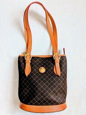 Rioni "Zenna" Brown Monogram Canvas Leather Trimmed Shoulder Bucket Bag